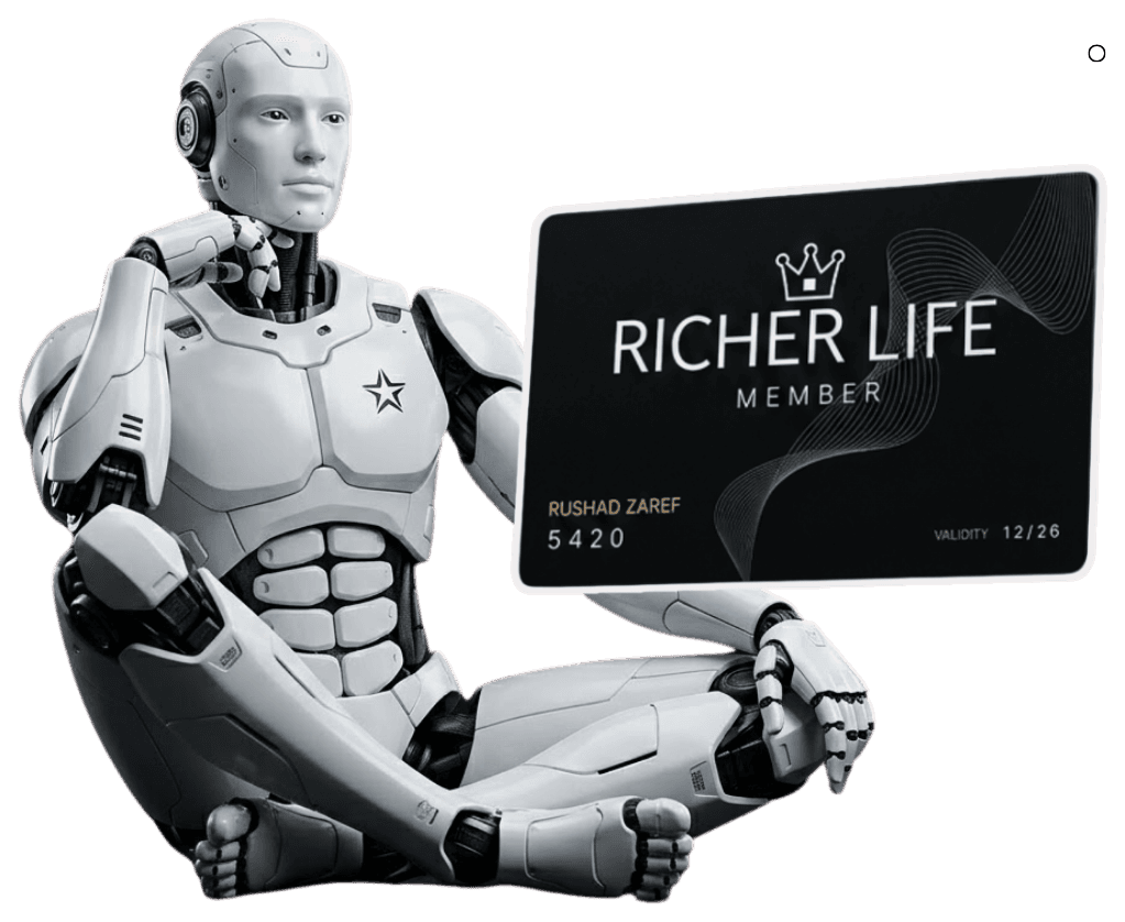 Richer Life AI robot holding the black member card
